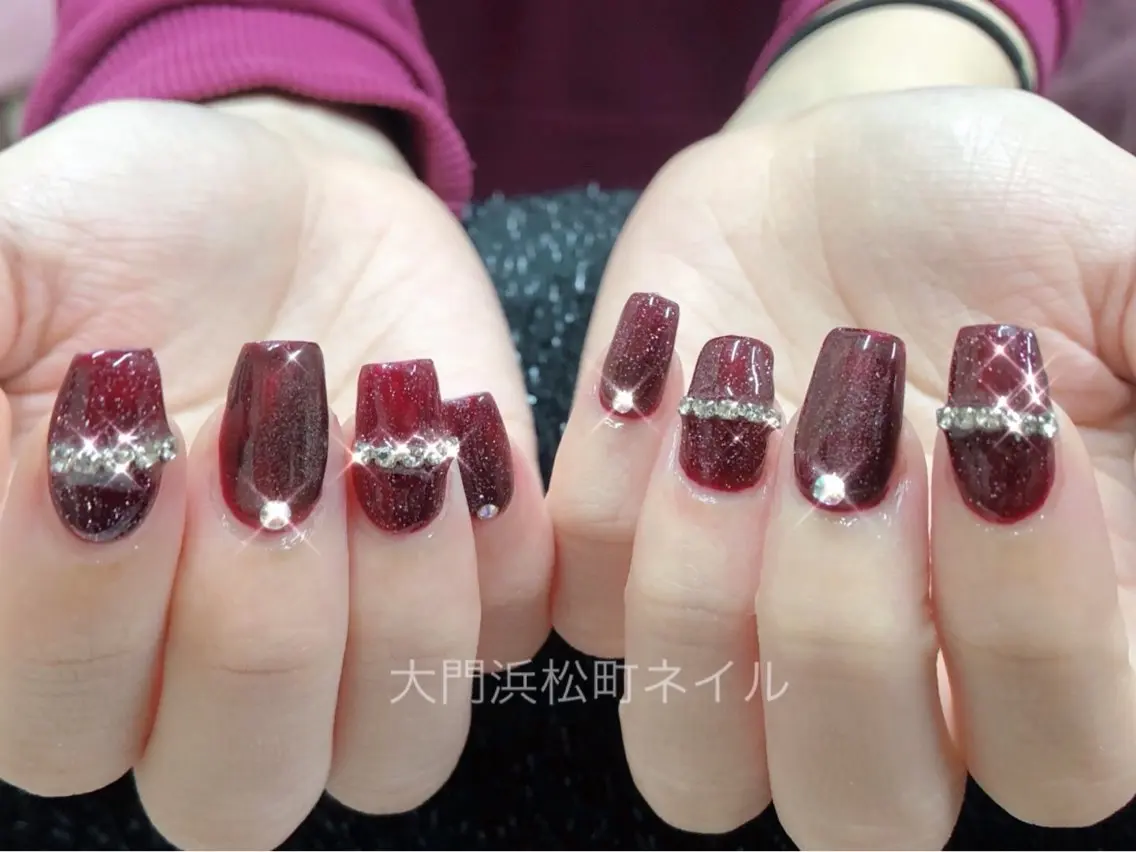 ネイル ボルドー 成人式 フレンチネイル ガラスフレンチ マグネットネイル 大門浜松町 ネイルのネイルデザイン