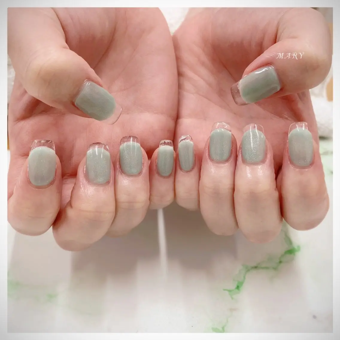 ネイル クリアネイル フレンチネイル グリーン 水色 マグネットネイル ハンドネイル Mary nail .narumiのネイルデザイン