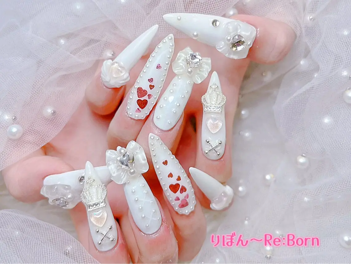 ロング フレンチガーリー クリスマス ハンドネイル りぼん Re:Bonrのネイルデザイン