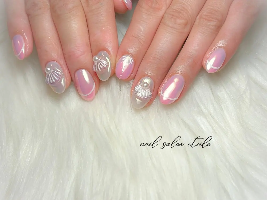 ネイル アートネイル オーロラネイル ピンク 夏ネイル ハンドネイル nail salon étoileのネイルデザイン