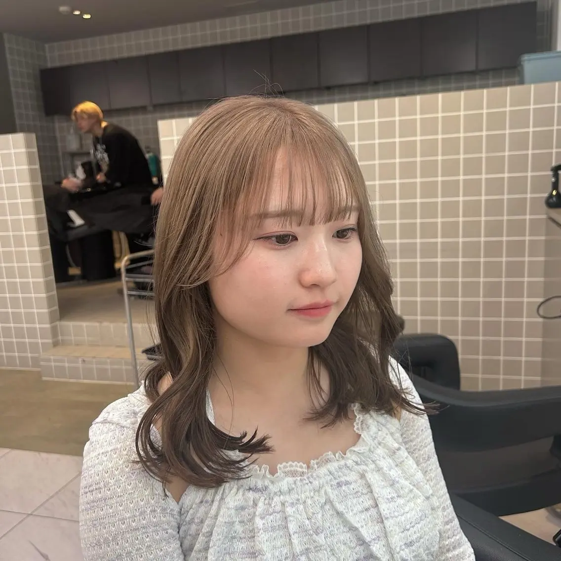 セミロング カラー パーマ ヘアアレンジ メンズ キッズ ブリーチなしカラー/ ブラウン/レイヤーのヘアスタイル