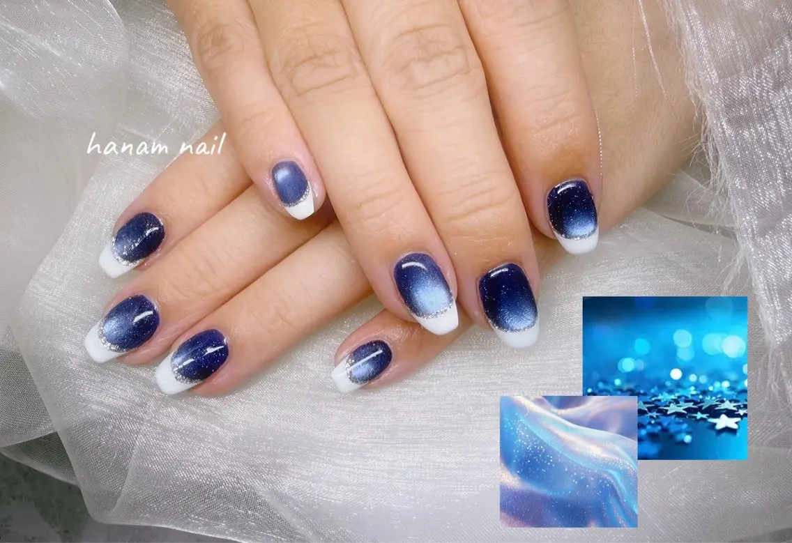 ネイル フレンチネイル マグネットネイル ハンドネイル hanam nail 🌿🩵ハナムネイルのネイルデザイン
