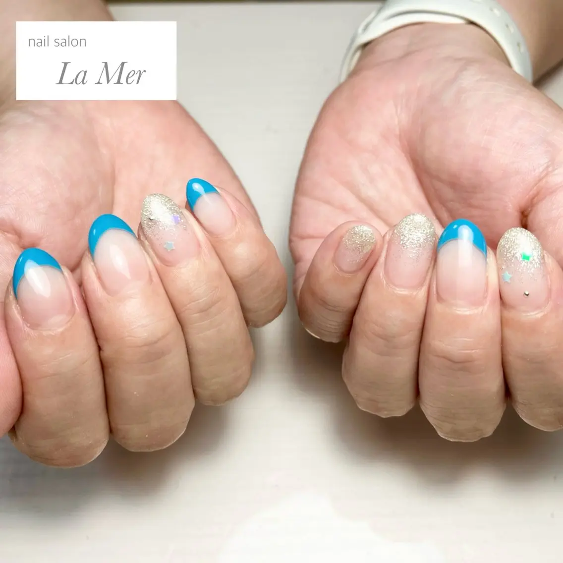 ネイル ブルー フレンチネイル グラデーション シルバー 夏ネイル ハンドネイル nailsalon La Merのネイルデザイン