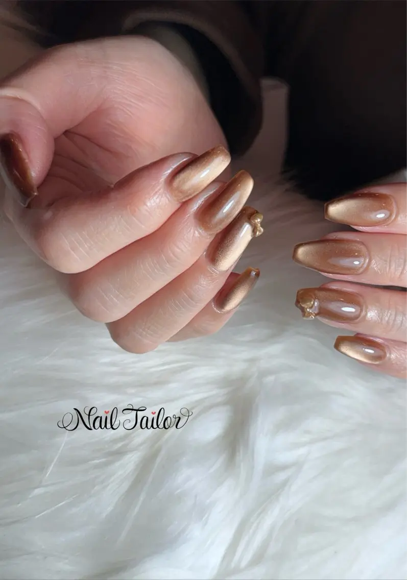 ネイル ブラウン マグネットネイル リボン ハンドネイル NailTailor ネイルテイラーのネイルデザイン