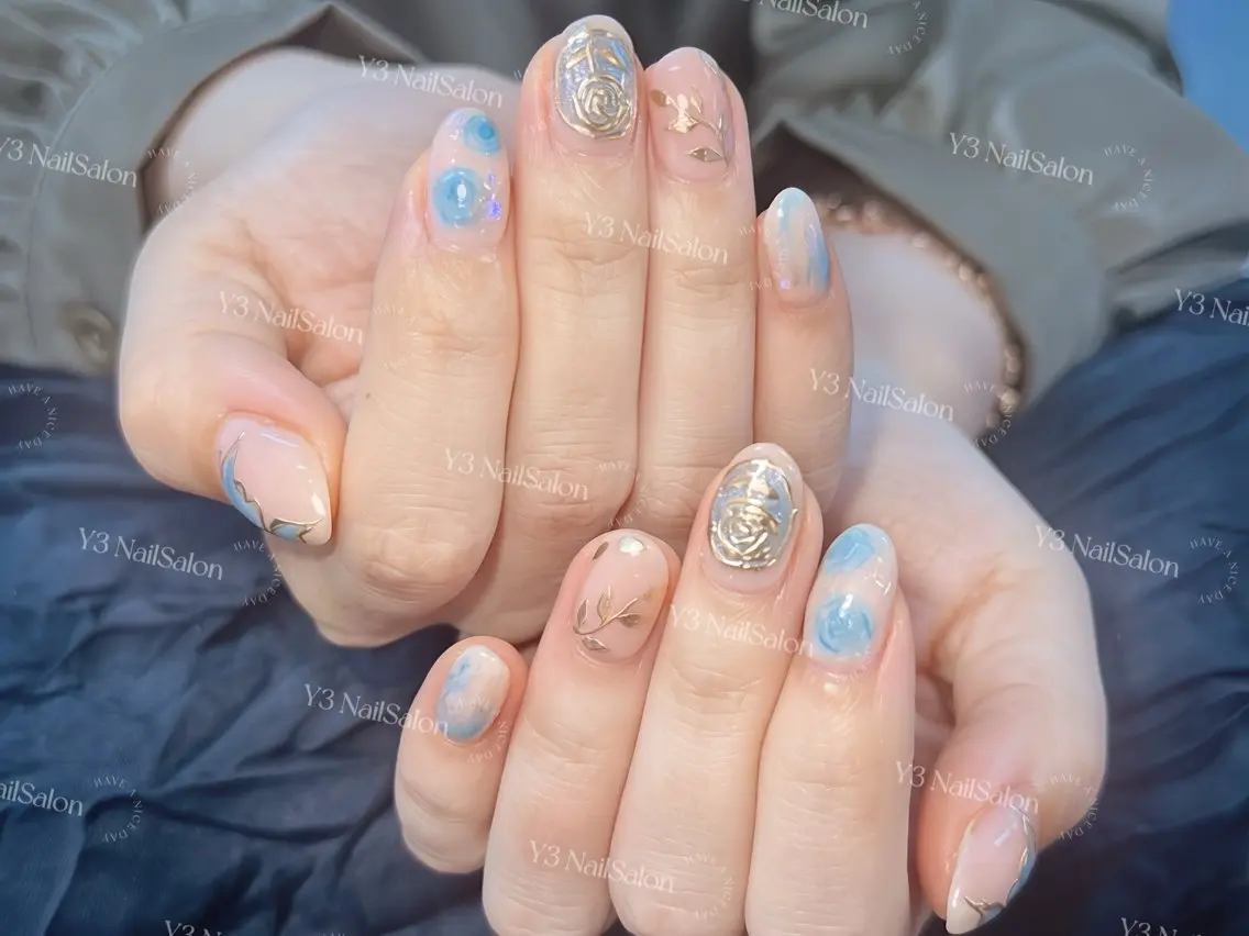 ネイル アートネイル ブルー ジェルネイル 持ち込み ニュアンスネイル ハンドネイル Y3 NailSalonのネイルデザイン