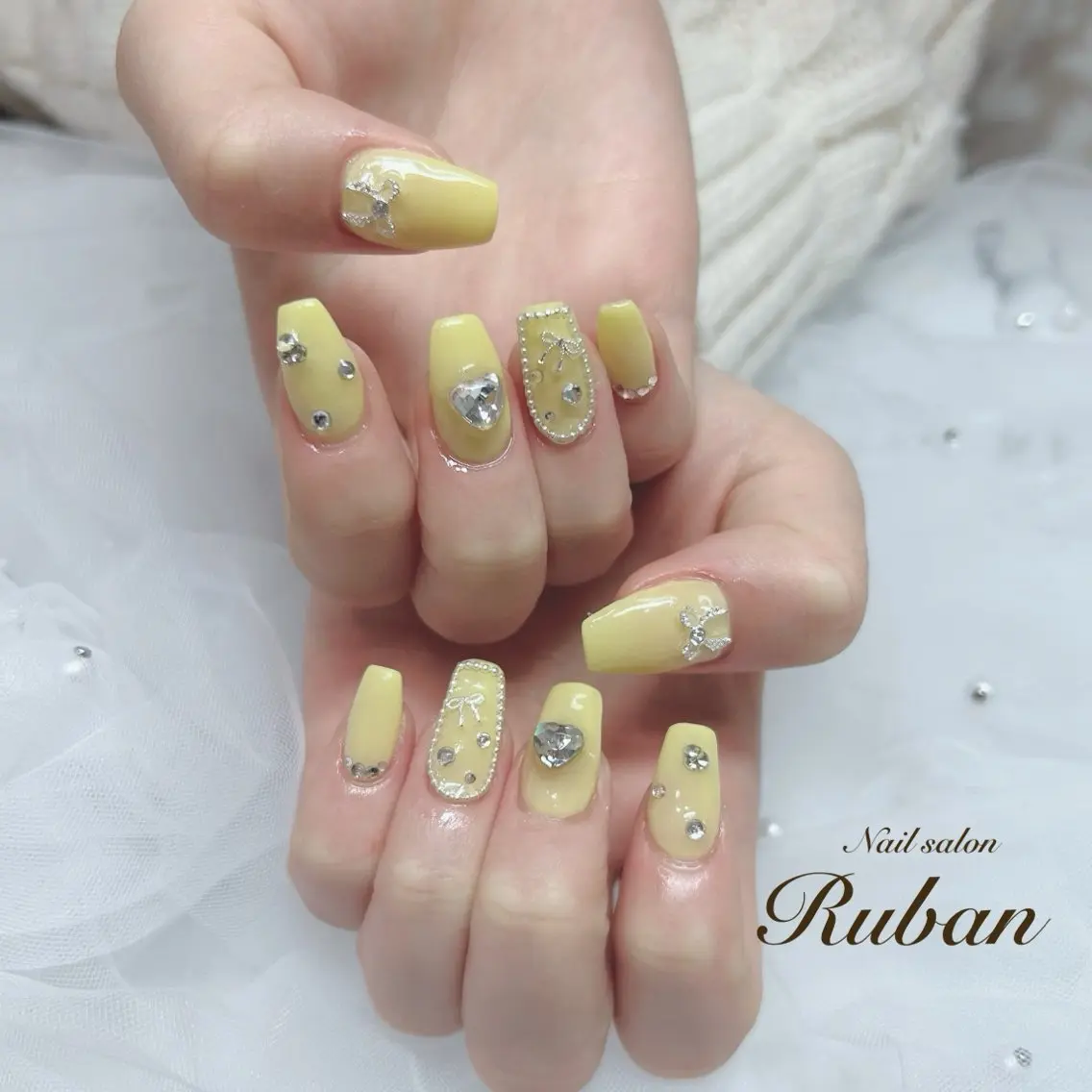 ネイル 長さ出し ハート リボン 春ネイル Nail salon Rubanのネイルデザイン