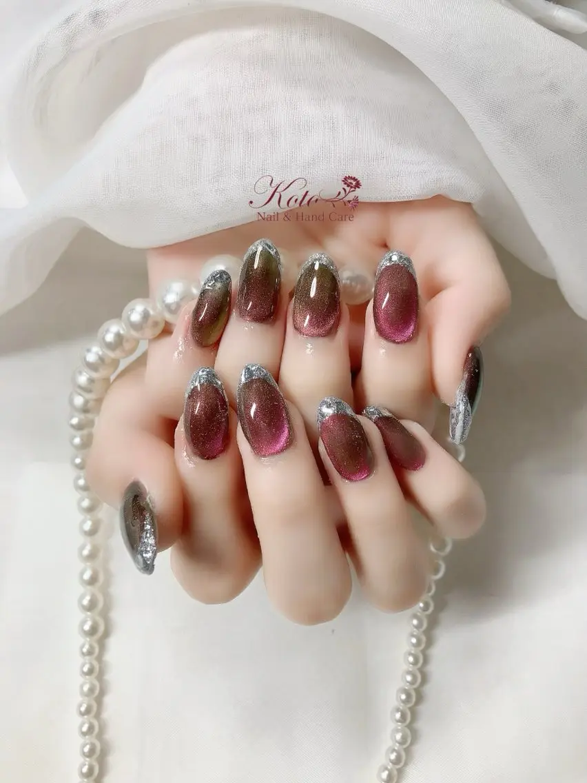 ネイル 長さ出し フレンチネイル ジェルネイル ガラスフレンチ ラメ(グリッター) ハンドネイル Nail Salon KOTOのネイルデザイン