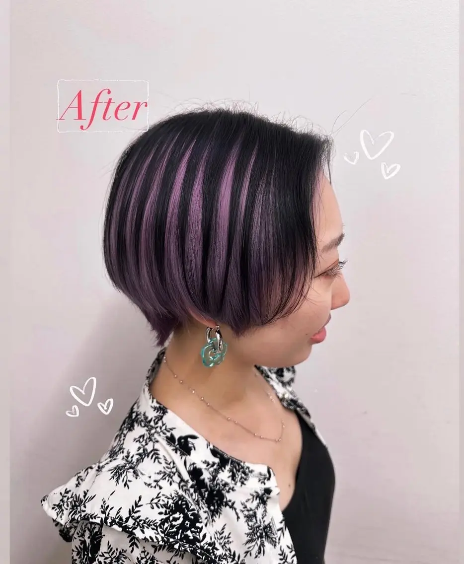ショート カラー 黒髪 デザインカラー ハイライトカラー ハイトーンカラー パープルカラー 髙木 利央のヘアスタイル