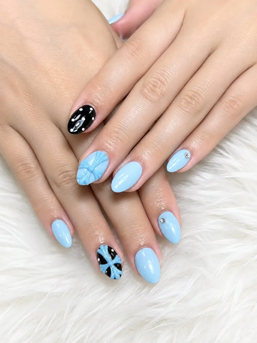 ネイル ブルー ガーリー 韓国ネイル 水色 持ち込み MEO MEO NAIL 守山のネイルデザイン