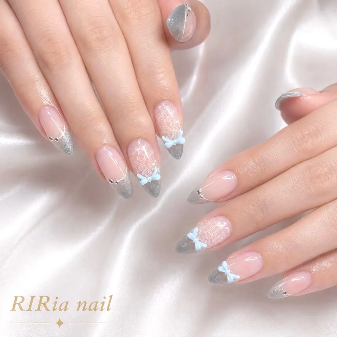 ネイル アートネイル フレンチネイル レース ラメ(グリッター) マグネットネイル ハンドネイル 🎀RIRia nail🎀のネイルデザイン