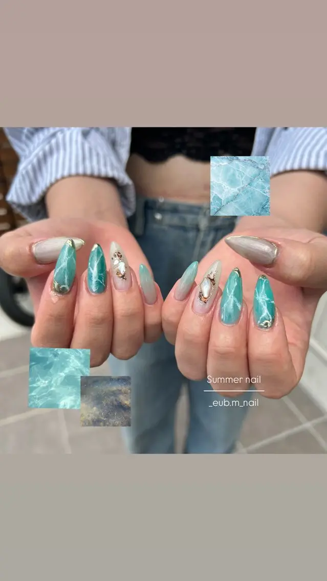 ネイル 水色 大理石ネイル(マーブル) 夏ネイル ハンドネイル 深夜ネイルサロン eub.m_nailのネイルデザイン