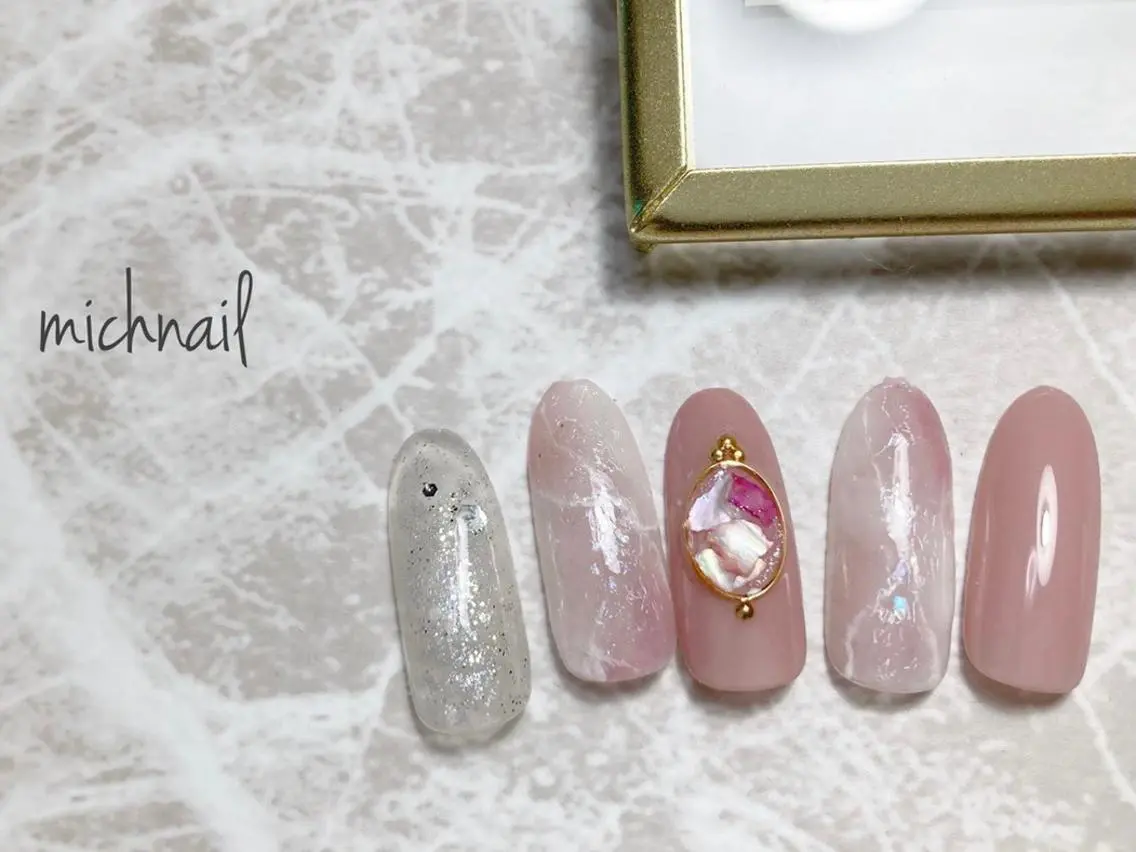ネイル 大理石ネイル(マーブル) オフィスネイル ピンク eni. by michのネイルデザイン