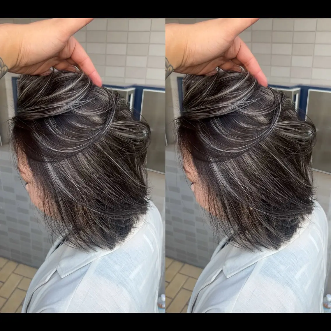ミディアム カラー ベージュカラー グレージュ ハイライトカラー シルバー ハイライト カット ヘアカラー トリートメント 表参道/ハイライト バレイヤージュのヘアスタイル