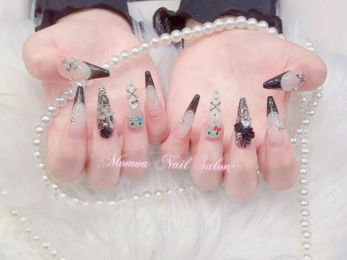 ネイル 成人式 大理石ネイル(マーブル) リボン 夏ネイル ネイルチップ ハンドネイル MoMoA Nail ネイル長さ出し専門店のネイルデザイン