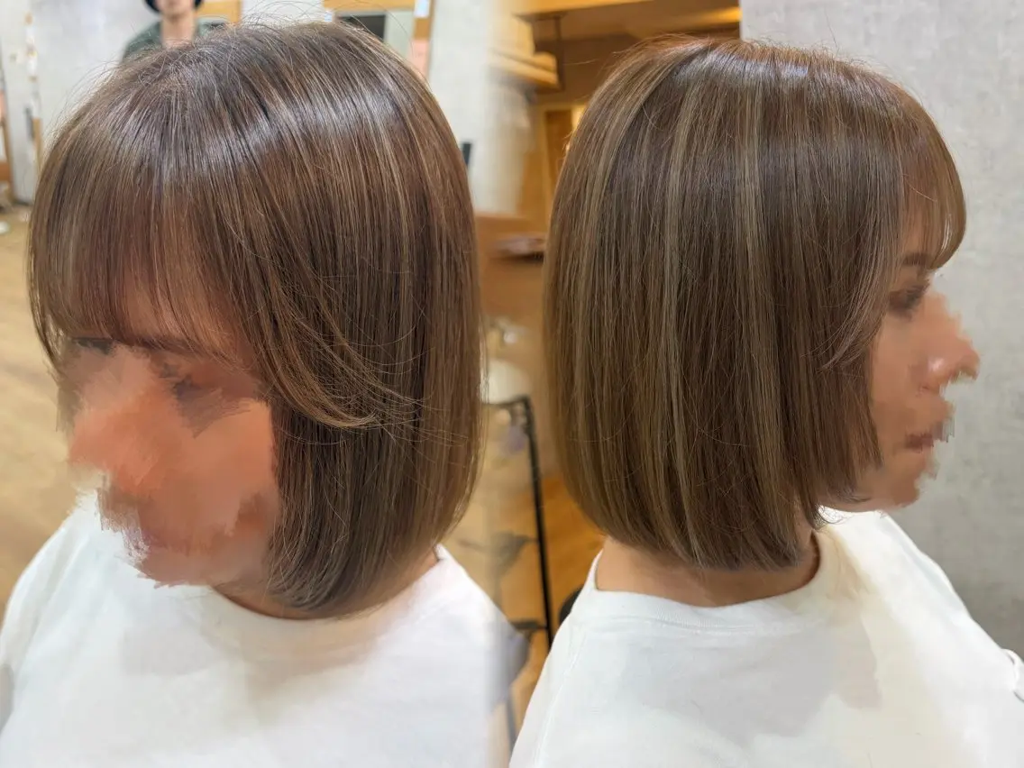 ミディアム カラー ボブ 顔まわりレイヤー 顔周りカット レイヤーカット カット 宮崎 稚世のヘアスタイル