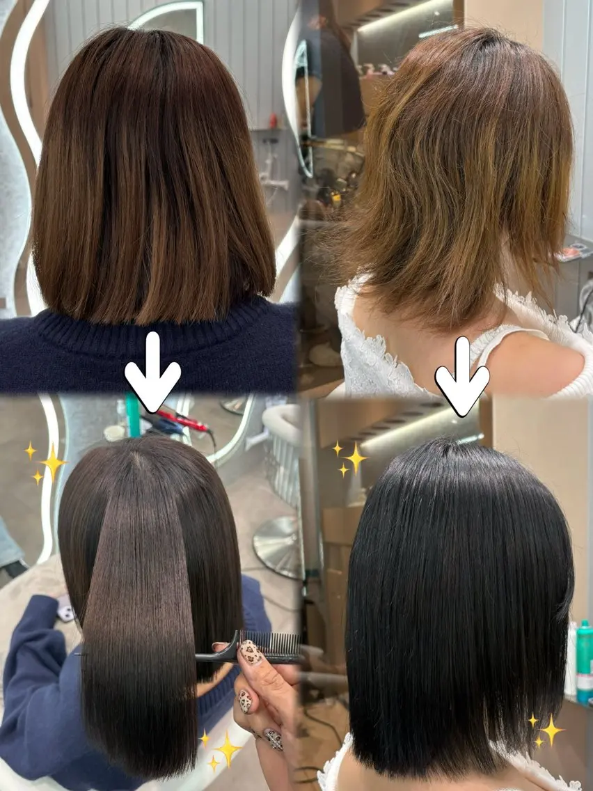 ミディアム カラー ヘアアレンジ アッシュ 黒髪 ブリーチ ブルーカラー ブルーブラック 縮毛矯正 トリートメント ヘアセット 大宮‎縮毛矯正🩵 レイヤー　佐藤和のヘアスタイル