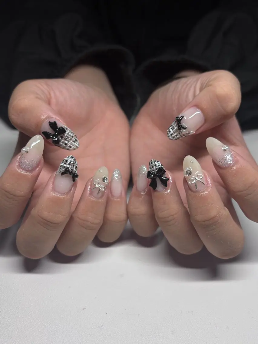 ネイル リボン ツイードネイル 冬ネイル ハンドネイル nayu nailのネイルデザイン