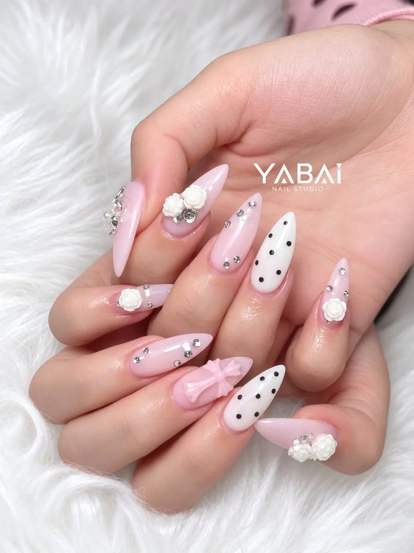 ネイル ドット ラメ(グリッター) ピンク リボン ストーンネイル ハンドネイル YABAI NailStudioのネイルデザイン