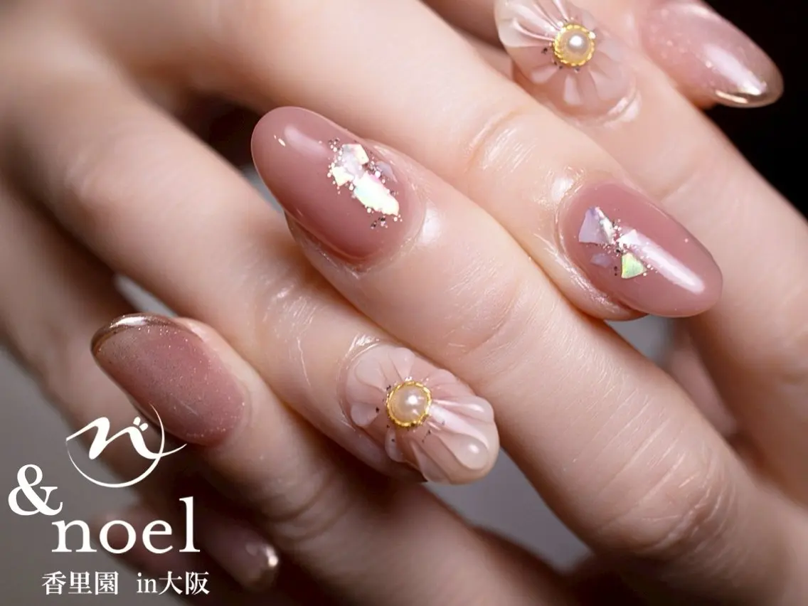 ネイル チークネイル フラワーネイル ピンク ハンドネイル Nailsalon &Noelのネイルデザイン