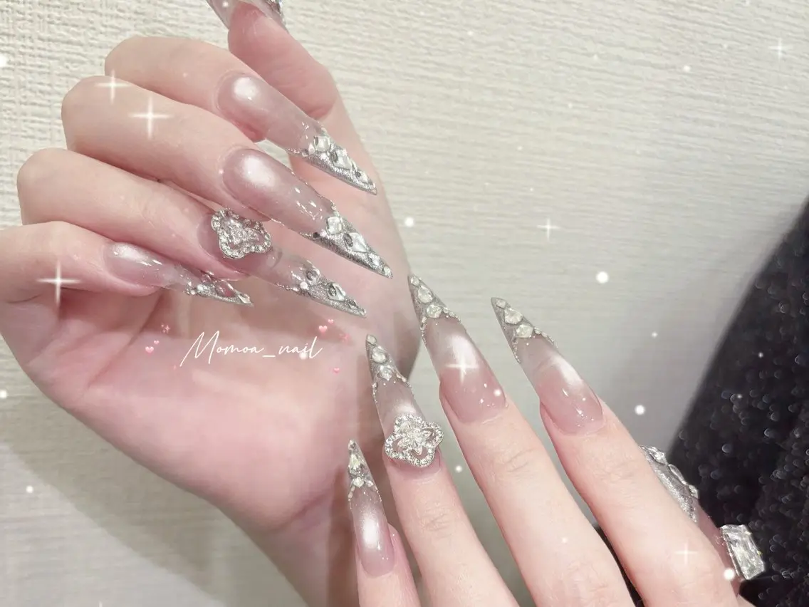 ネイル 成人式 大理石ネイル(マーブル) リボン 夏ネイル ネイルチップ ハンドネイル MoMoA Nail ネイル長さ出し専門店のネイルデザイン