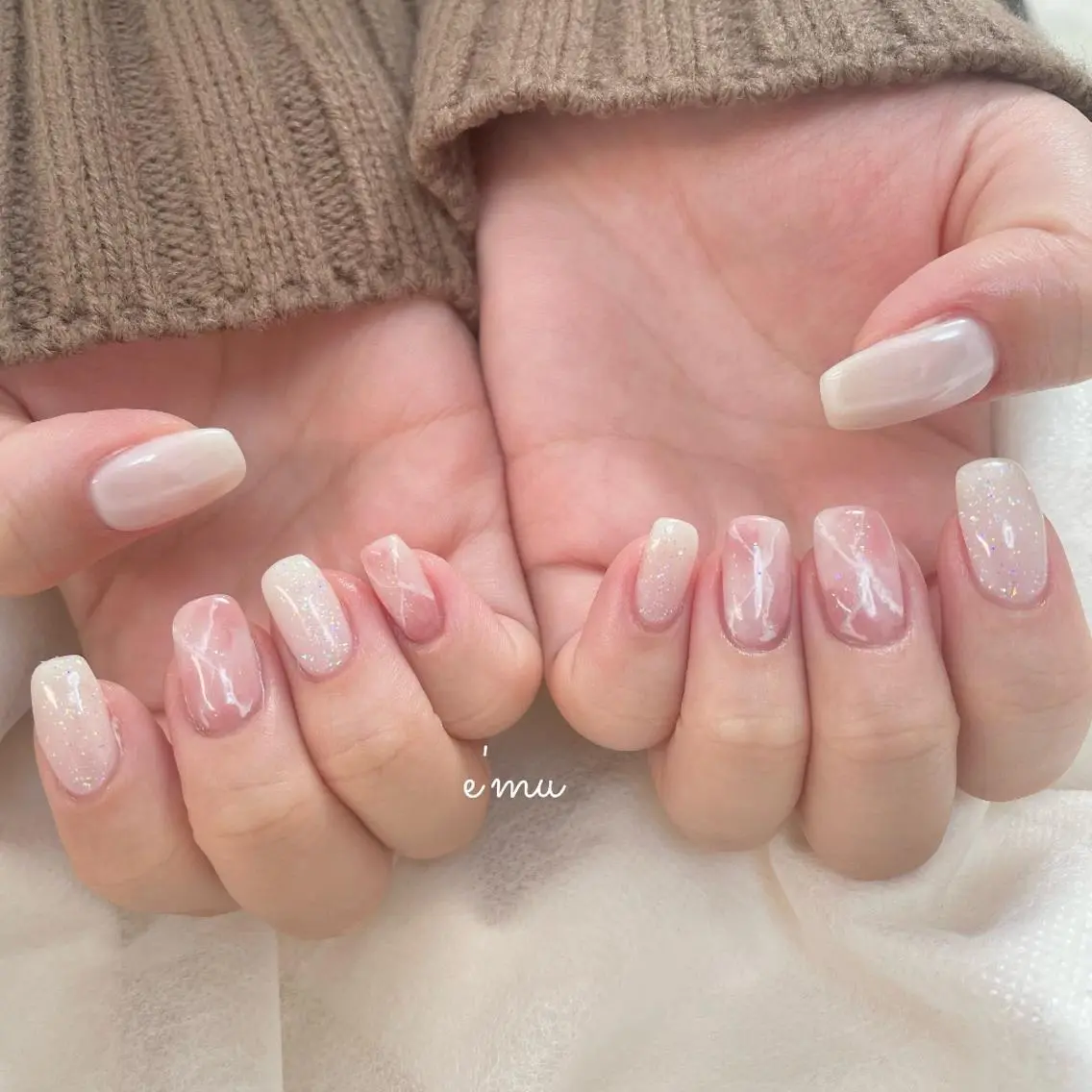 ネイル 韓国ネイル 大理石ネイル(マーブル) ピンク シンプルネイル ハンドネイル nail salon e'mu💐のネイルデザイン