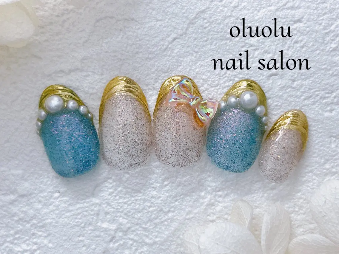 ネイル オーロラネイル フラッシュネイル 韓国ネイル リボン ワンホンネイル oluolu nailsalonのネイルデザイン