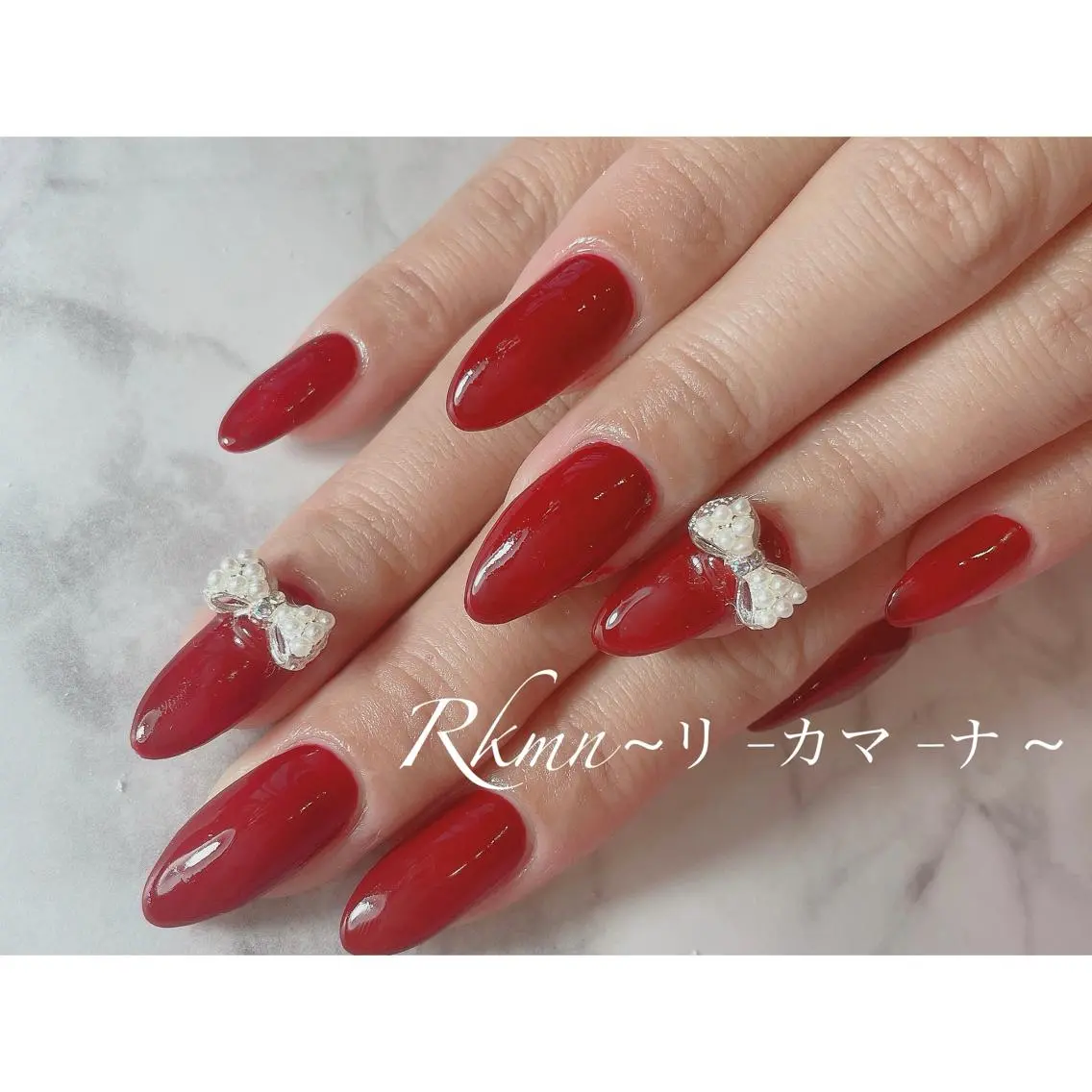 ネイル アートネイル ボルドー ワンカラーネイル リボン 春ネイル ハンドネイル フットネイル ハンドケア Rkmn ~リ-カマ-ナ~のネイルデザイン