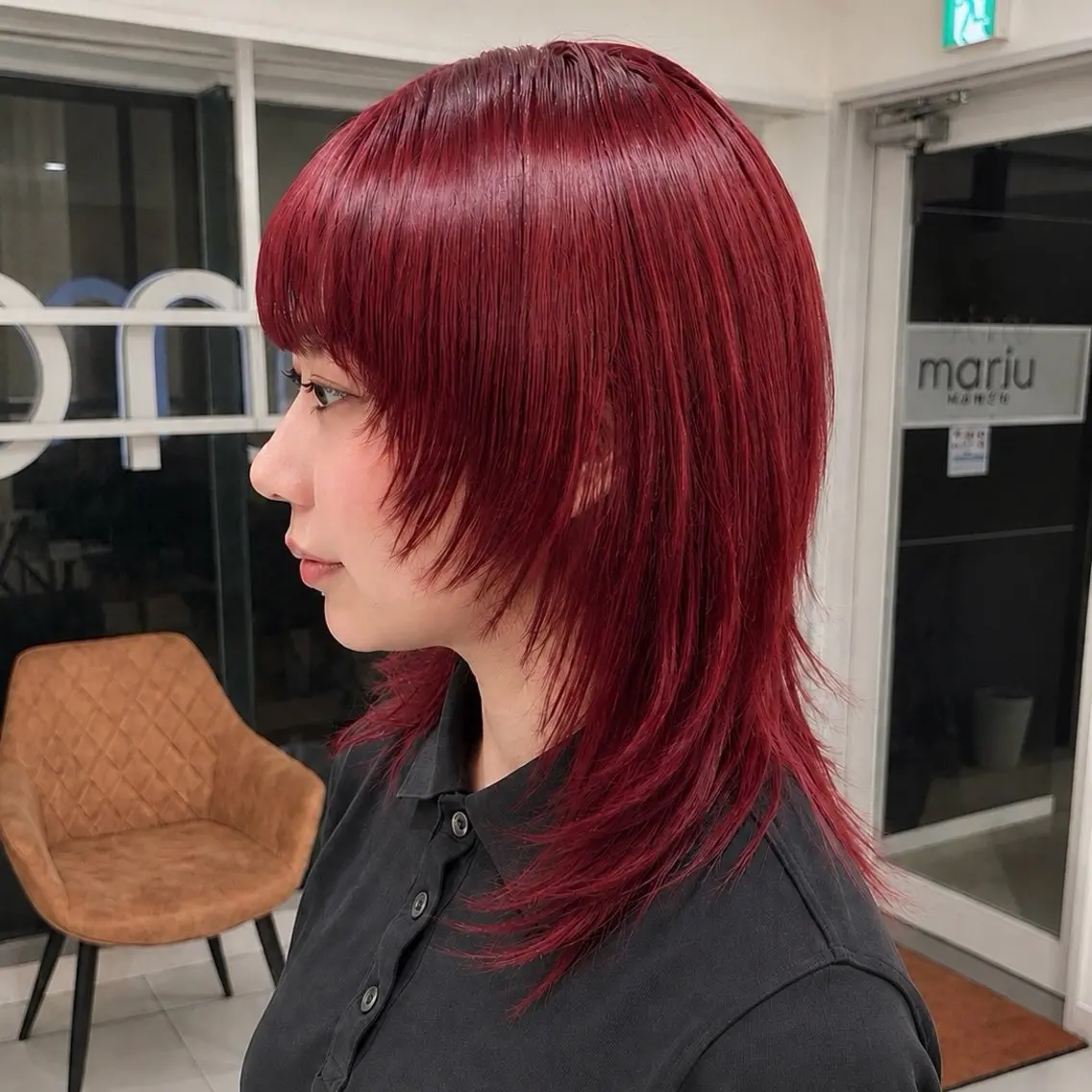 ミディアム カラー ブリーチ ダブルカラー ブリーチなしカラー レッドカラー ハッシュカット ヘアカラー 暖色カラー/パラッと Bob/モエのヘアスタイル