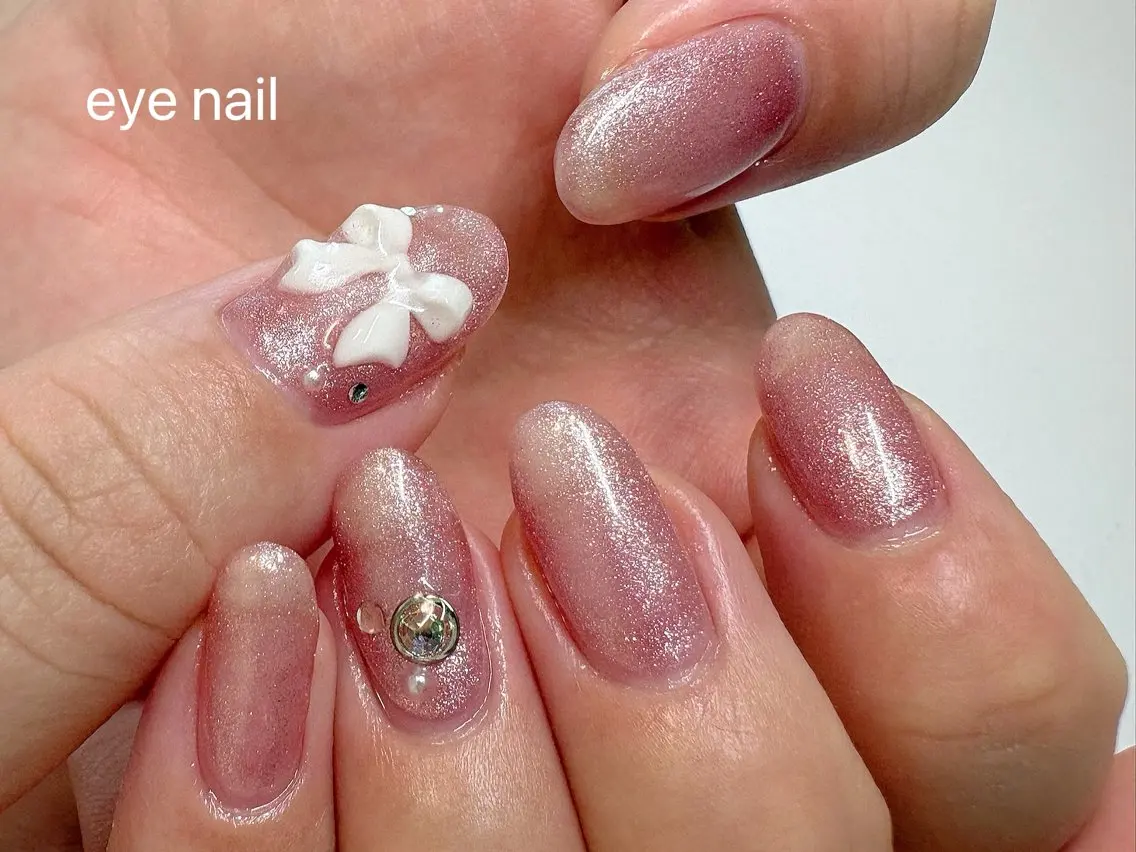 ネイル ワンカラーネイル リボン ハンドネイル Eye nailのネイルデザイン