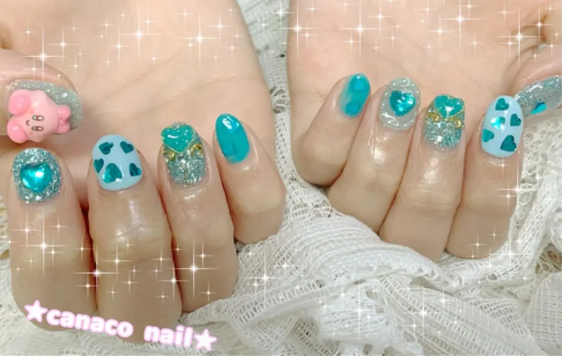 ネイル アートネイル ジェルネイル 水色 パラジェル ストーンネイル ハンドネイル ハンドケア ベテランネイル cnc nailのネイルデザイン