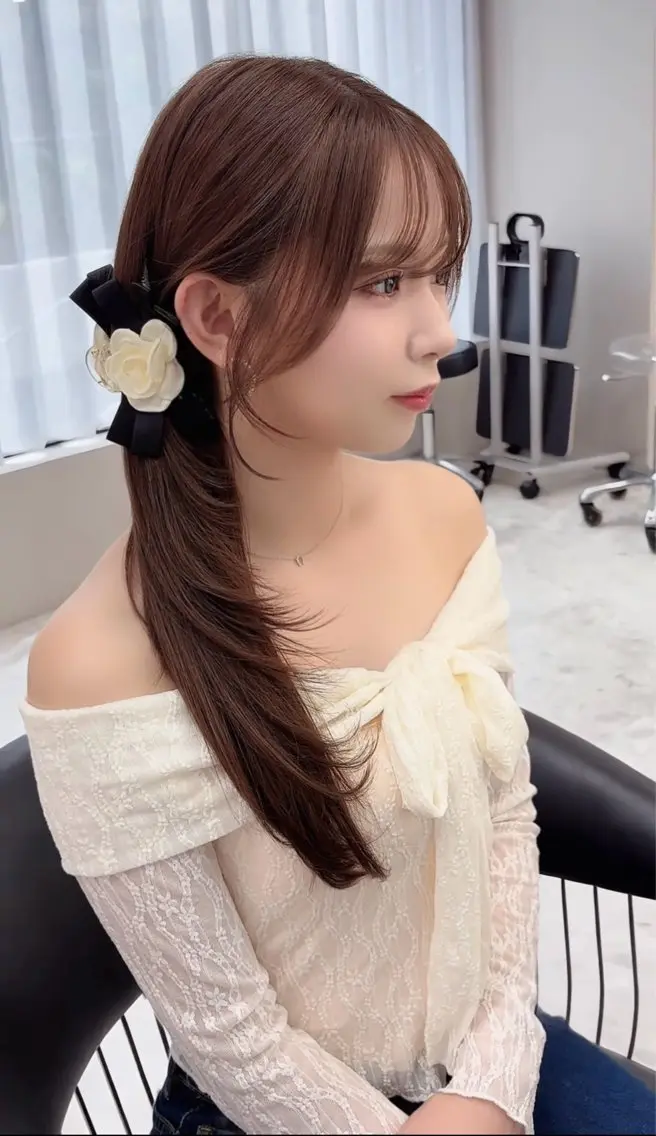 ロング 顔周りカット 韓国風ヘア レイヤーカット シースルーバング ヘアセット RYOTA レイヤー 中明度カラー/縮毛のヘアスタイル