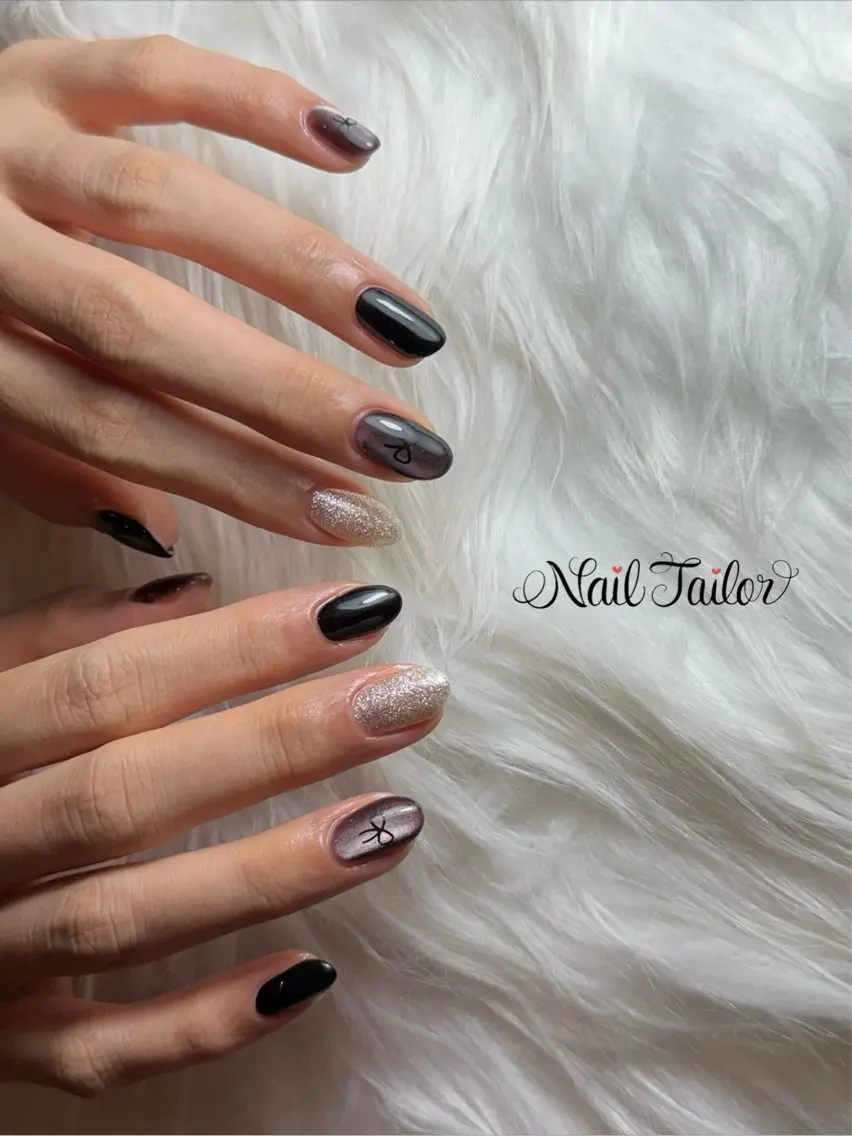 ネイル キラキラネイル ラメ(グリッター) マグネットネイル ワンカラーネイル リボン ハンドネイル NailTailor ネイルテイラーのネイルデザイン