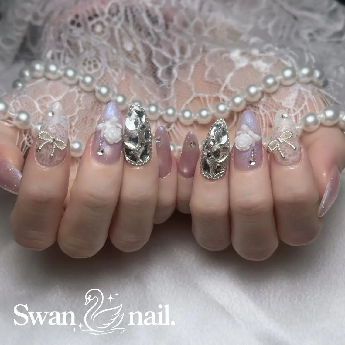 ネイル ガーリー 韓国ネイル ワンホンネイル ハンドネイル Swan Nailのネイルデザイン