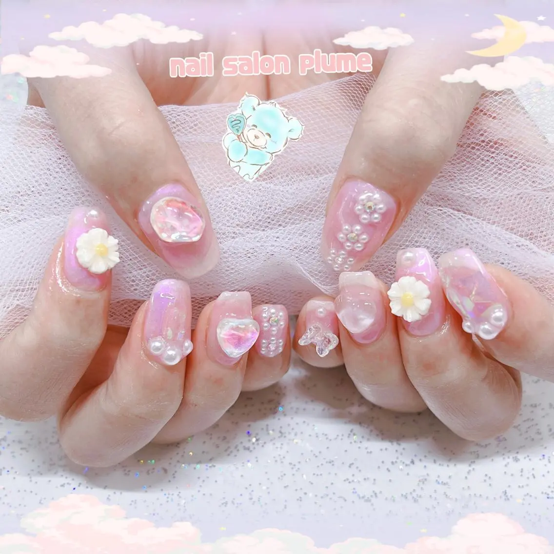 ネイル アートネイル オーロラネイル クリアネイル フラワーネイル ジェルネイル ハンドネイル plume nail ☆韓国ネイルのネイルデザイン