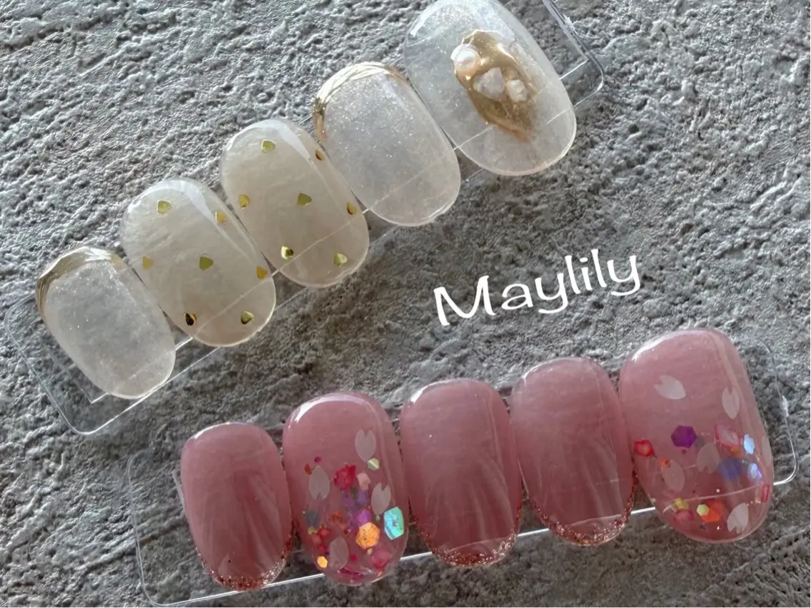 ネイル 桜ネイル ゴールド ハート キラキラネイル ハンドネイル Nail salon Maylilyのネイルデザイン