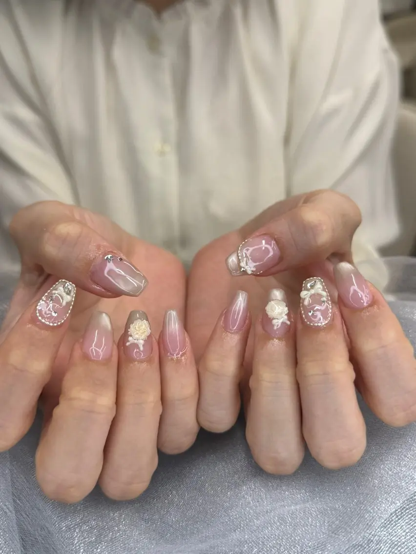 ネイル フットネイル 氷ネイル・うるうるネイル マットネイル ニュアンスネイル リボン ハンドネイル Akina Nailのネイルデザイン