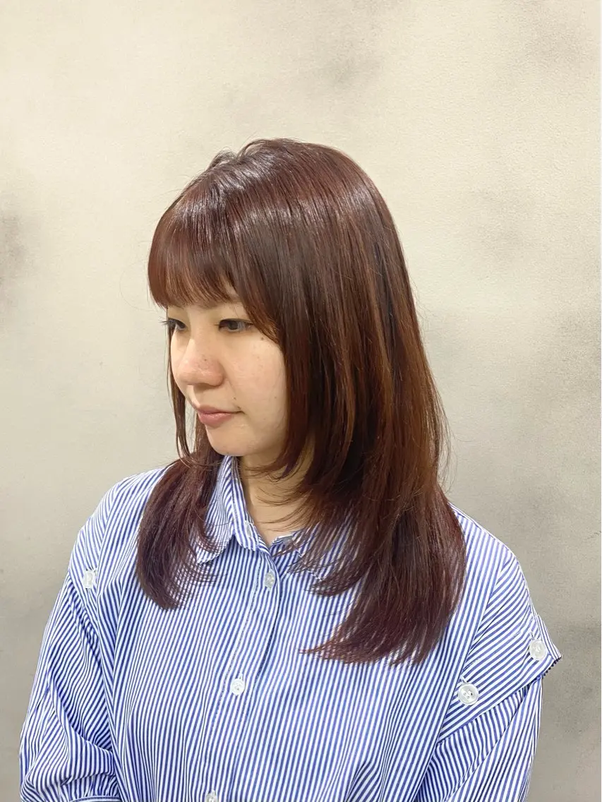 セミロング オレンジブラウン レイヤーカット レイヤー/顔まわり/ 艶カラー/長野/あやのヘアスタイル