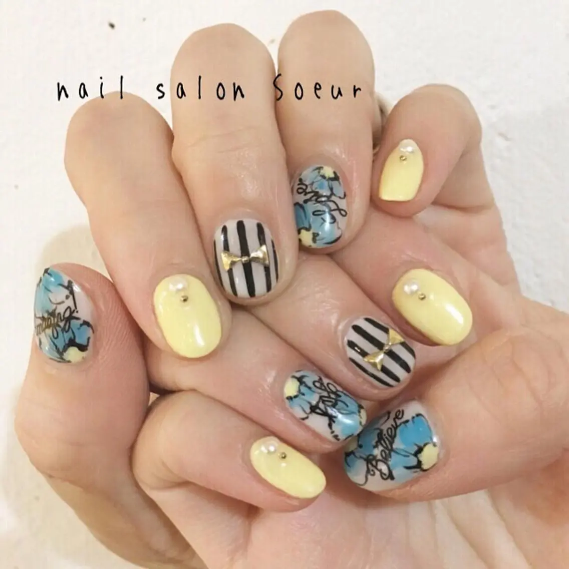 ネイル アートネイル ブルー フラワーネイル ジェルネイル パステルネイル ハンドネイル nail salon Soeurのネイルデザイン