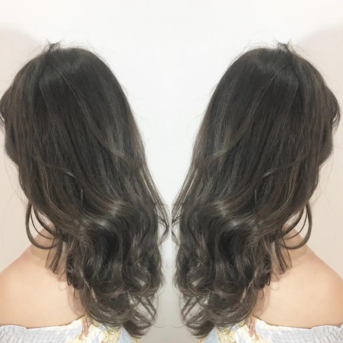 ミディアム カラー グレージュ ハイライトカラー ミント ハイライト ウルフカット レイヤーカット上柿のヘアスタイル