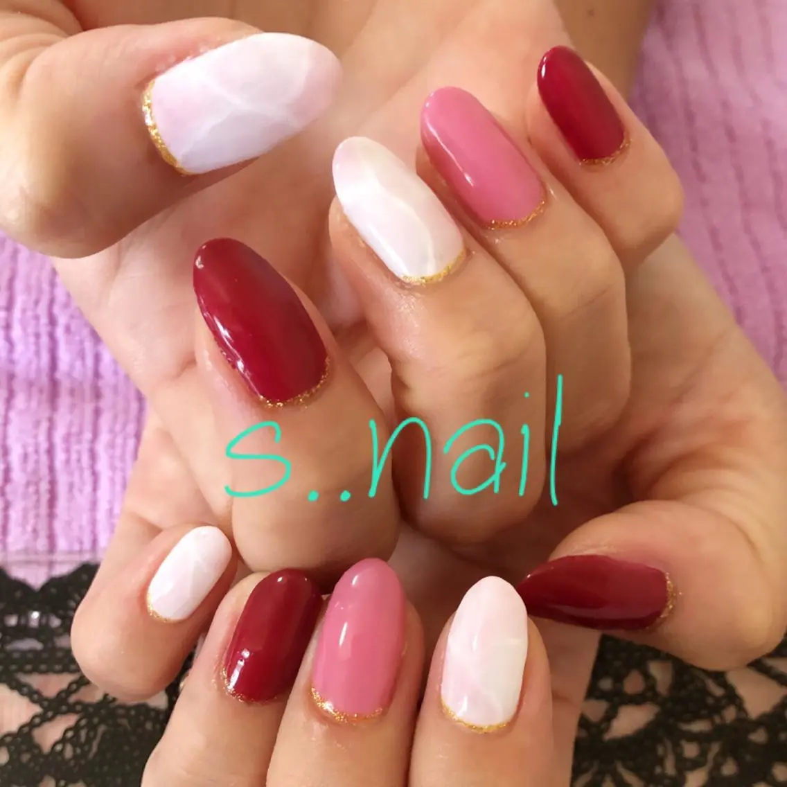 ネイル ボルドー 大理石ネイル(マーブル) ピンク シンプルネイル ハンドネイル フットネイル s..nail / MORITAのネイルデザイン