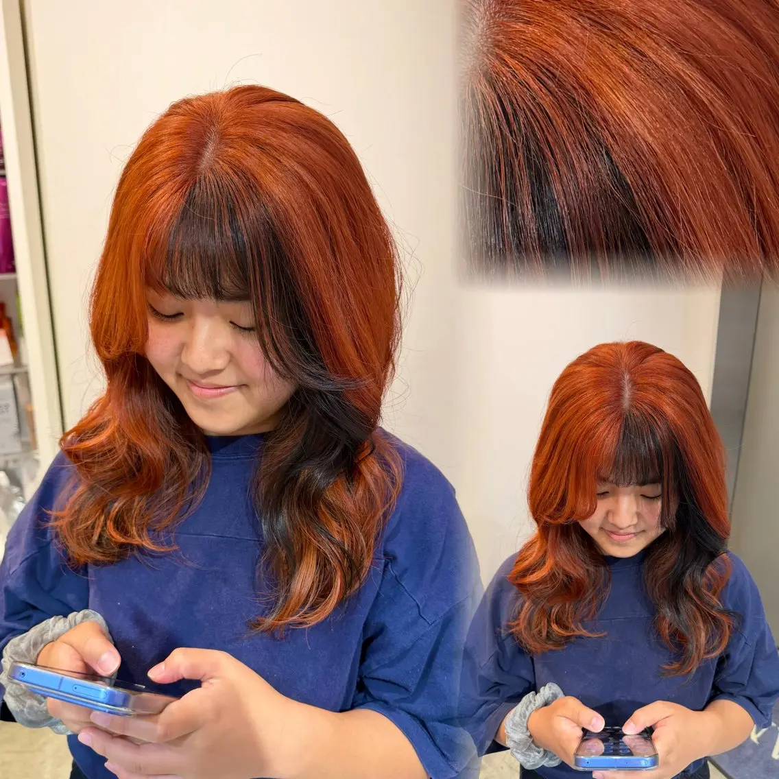 セミロング カラー デザインカラー オレンジ カット ヘアカラー トリートメント 韓国風/髪質改善 🦕AKARI🩵のヘアスタイル