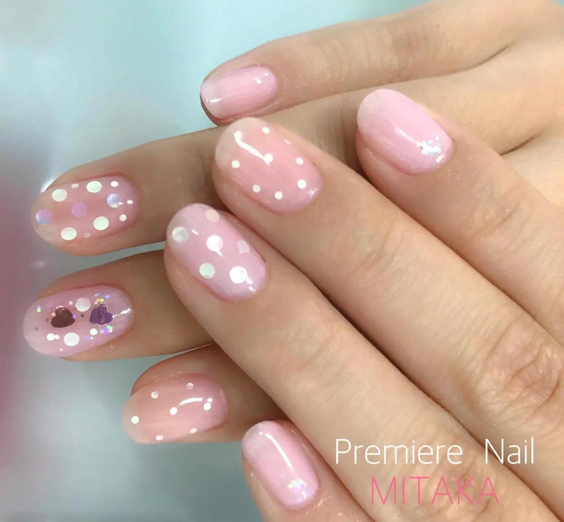 ネイル アートネイル ドット ジェルネイル ハート ピンク Premiere Nail商店街店のネイルデザイン