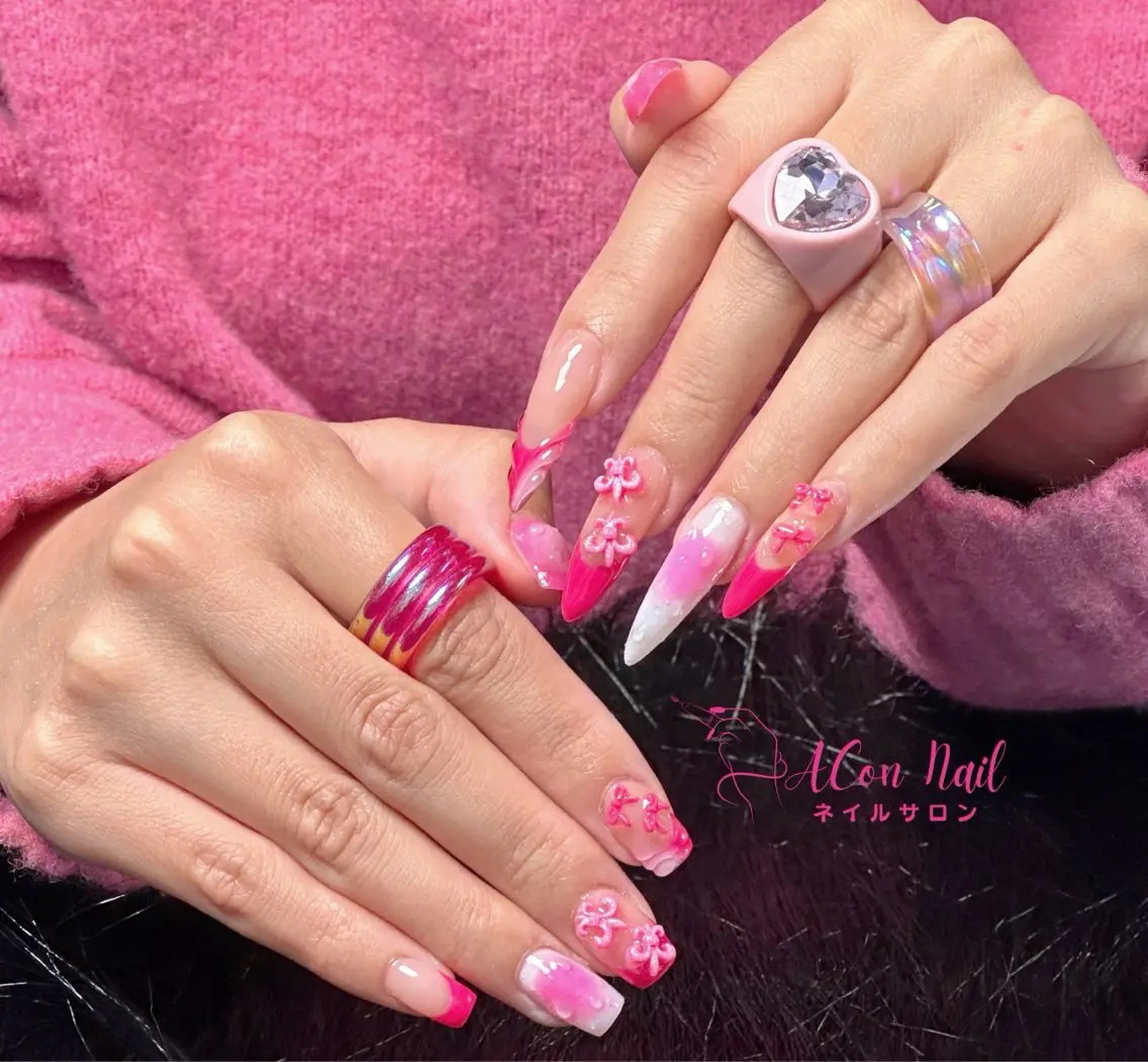 ネイル 桜ネイル 長さ出し フラワーネイル フレンチネイル ジェルネイル ハンドネイル ACon NailSalonのネイルデザイン
