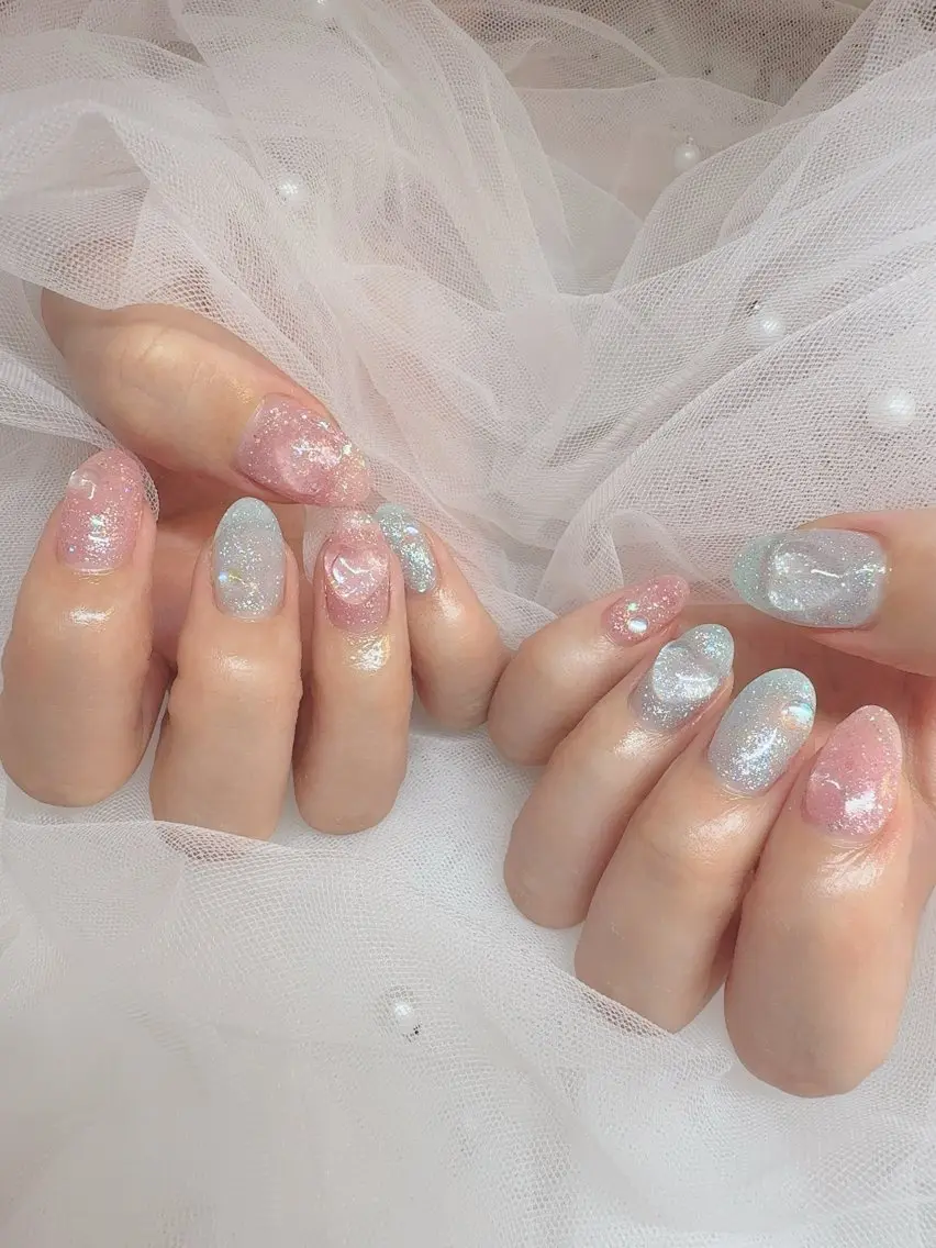 ネイル ブルー ハート 氷ネイル・うるうるネイル ピンク teddybear nailsのネイルデザイン