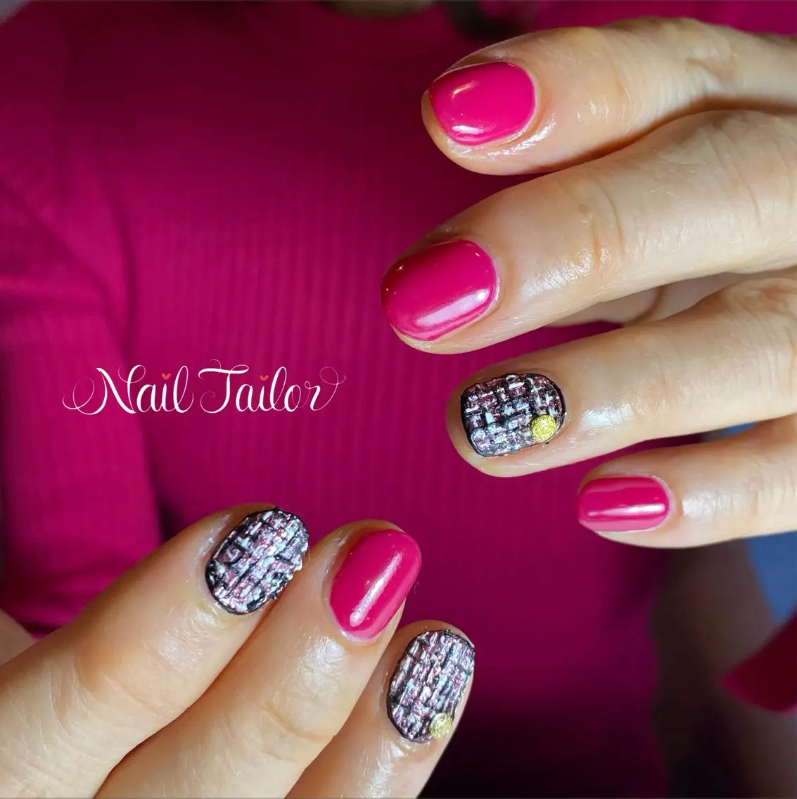 ネイル フラワーネイル ワンカラーネイル ピンク ツイードネイル ハンドネイル NailTailor ネイルテイラーのネイルデザイン