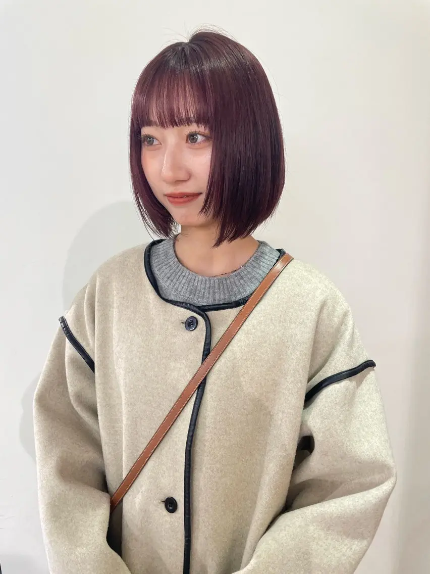 ミディアム カラー ブリーチ ボルドーカラー ブラウンカラー ダブルカラー ラベンダーカラー ヘアカラー トリートメント MIU/ルーツカラー 顔まわりレイヤーのヘアスタイル