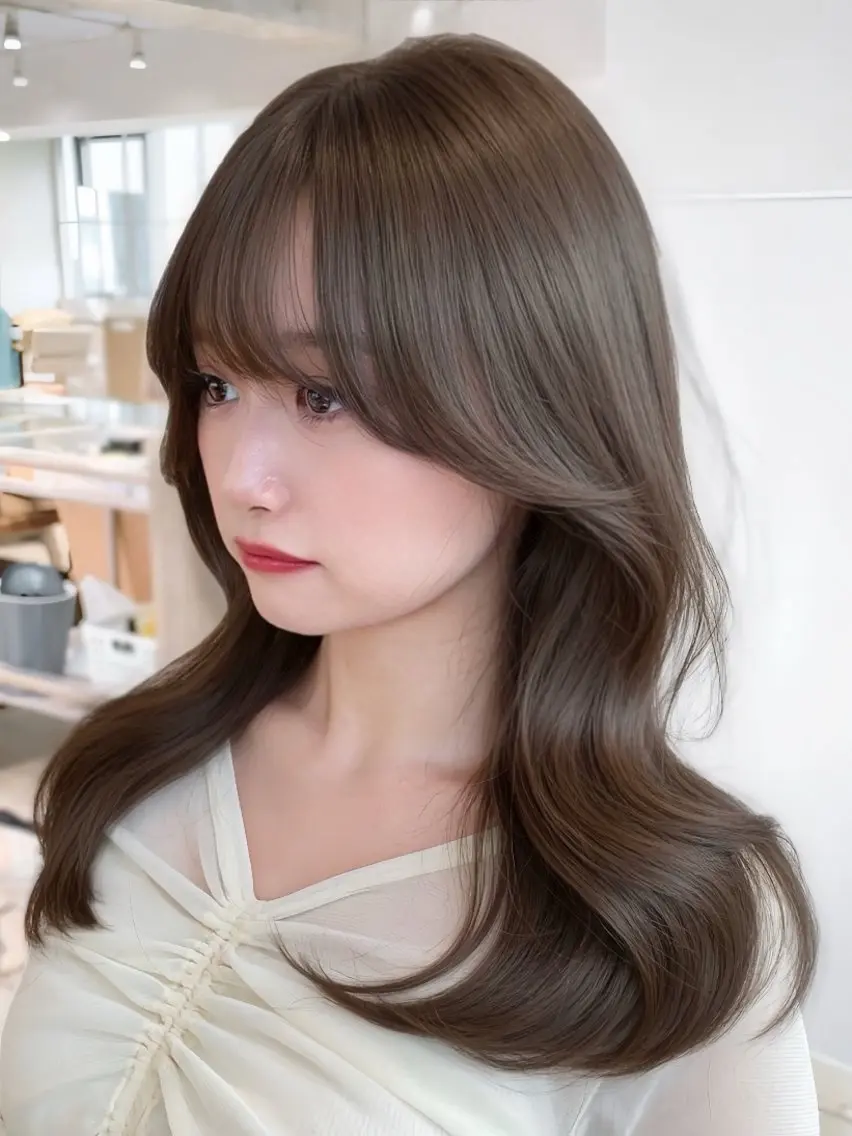 セミロング カット ヘアカラー パーマ トリートメント 表参道小顔カット前髪 割れ改善クロスパーマのヘアスタイル