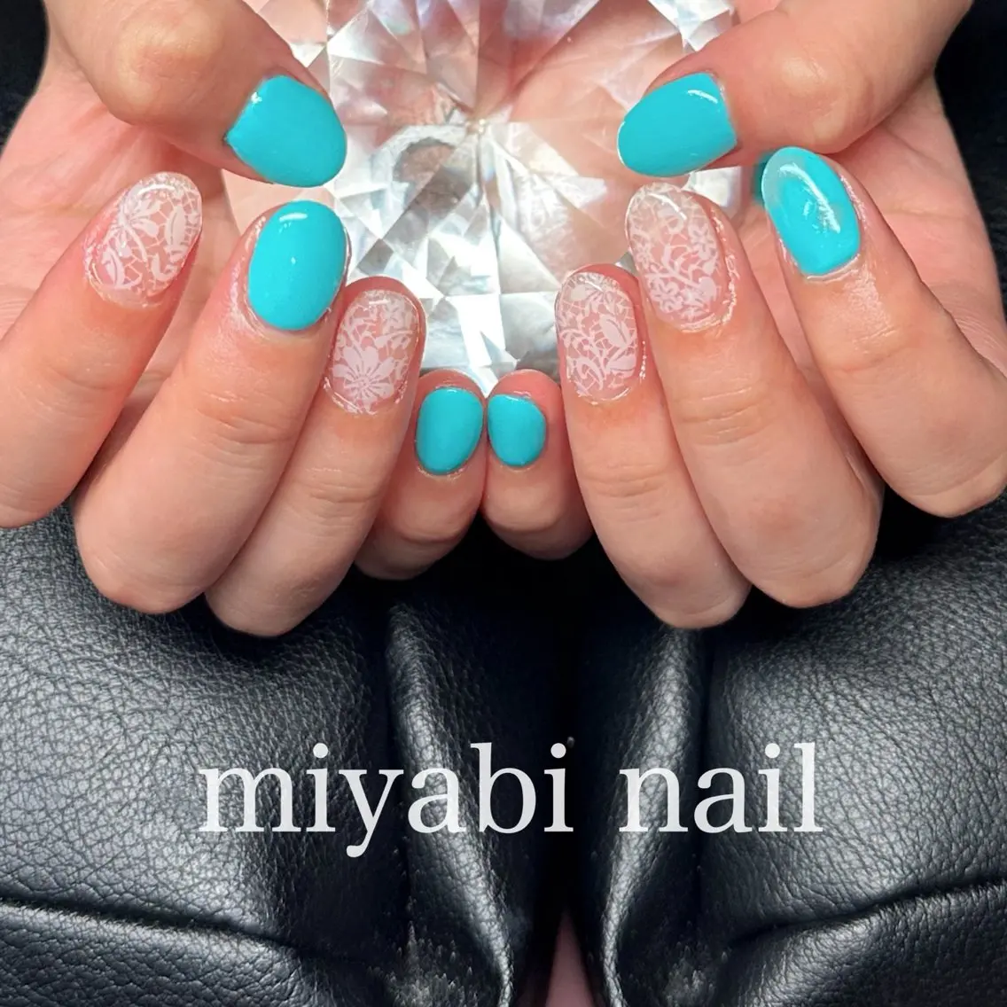 ネイル ブルー ジェルネイル レース 持ち込み 夏ネイル ハンドネイル miyabi nail 桂川駅近くのネイルデザイン