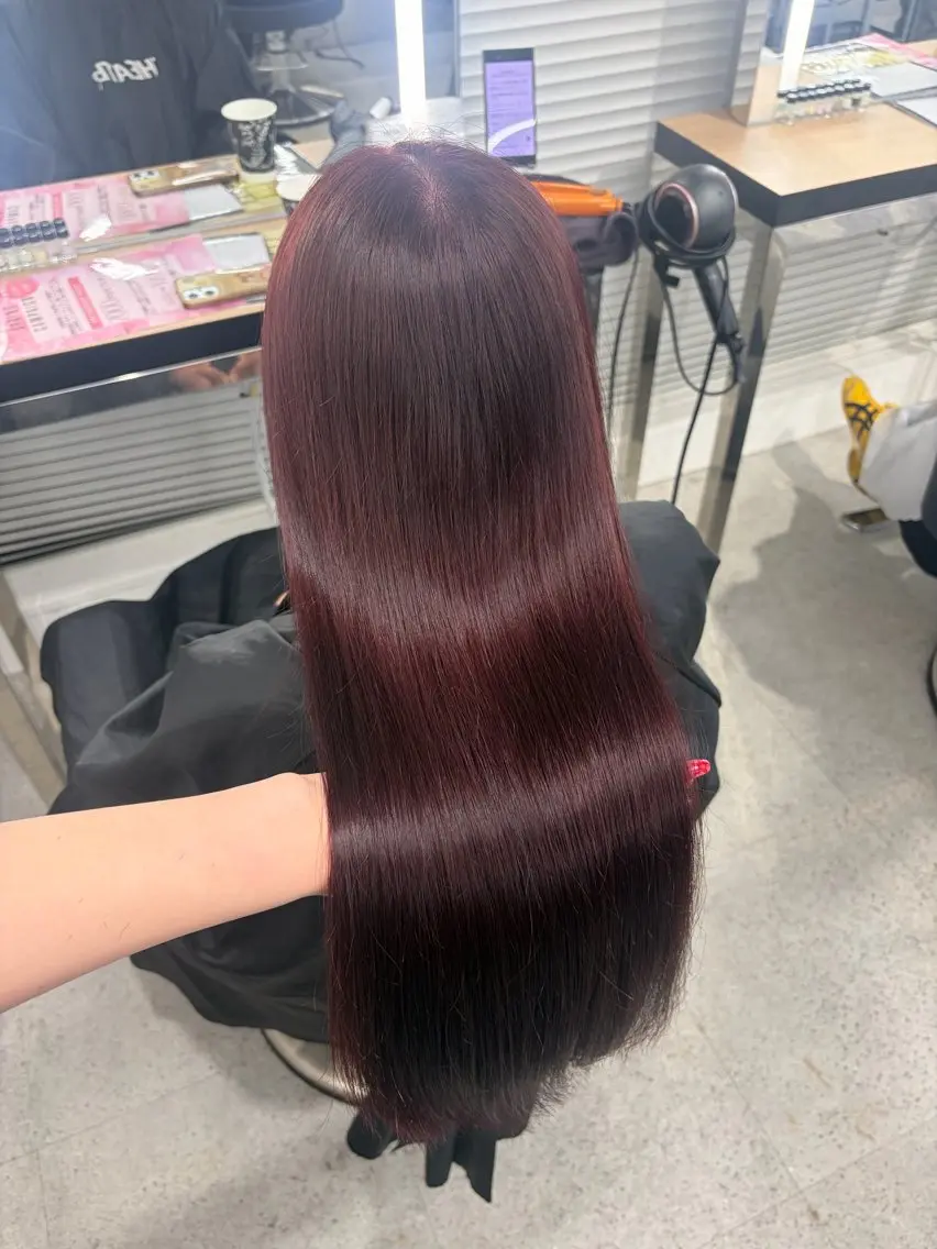 ロング カラー ブリーチ 髪質改善 トリートメント ヘアカラー 💗愛され暖色💗 ピンク/レッド💗のヘアスタイル