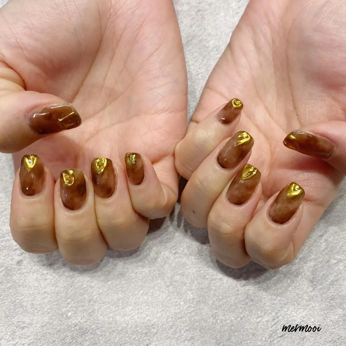 ネイル ブラウン クリアネイル 大理石ネイル(マーブル) ミラーネイル ニュアンスネイル mermooi nailのネイルデザイン